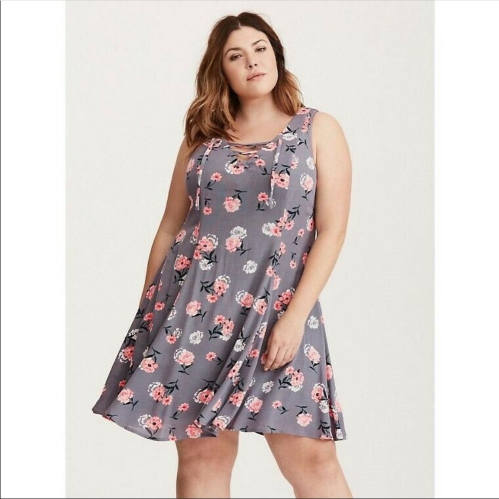 Torrid Floral Print Lace Up Gauze Trapeze Dress